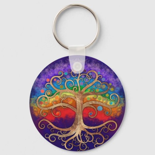 Tree of life Golden Swirl and Rainbow Keychain