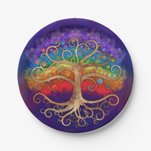 Tree of life Golden Swirl and Rainbow Paper Plates