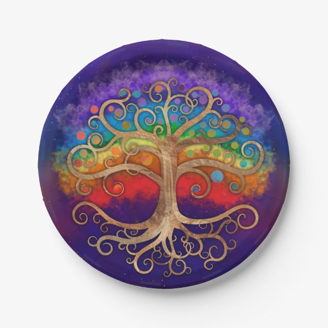 Tree of life Golden Swirl and Rainbow Paper Plates (Front)