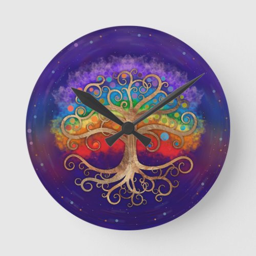 Tree of life Golden Swirl and Rainbow Round Clock