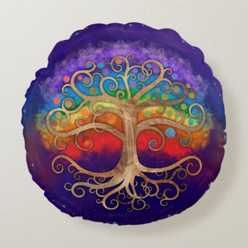 Tree of life Golden Swirl and Rainbow Round Pillow