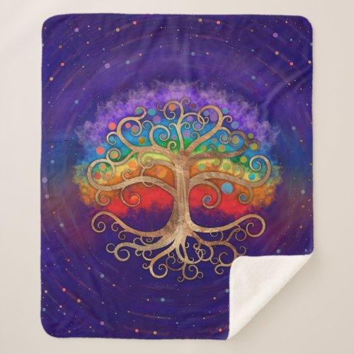 Tree of life Golden Swirl and Rainbow Sherpa Blanket