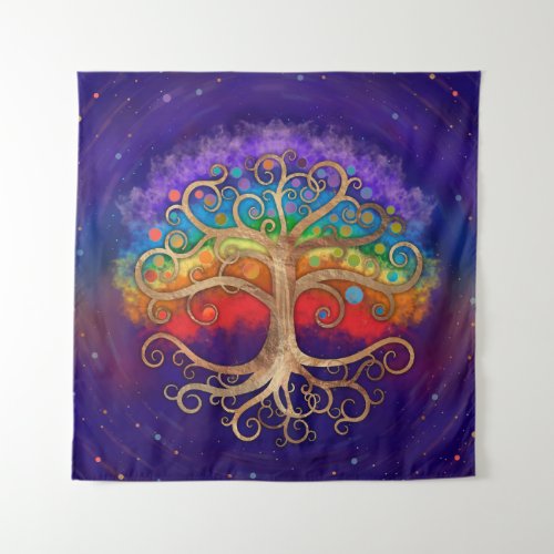 Tree of life Golden Swirl and Rainbow Tapestry