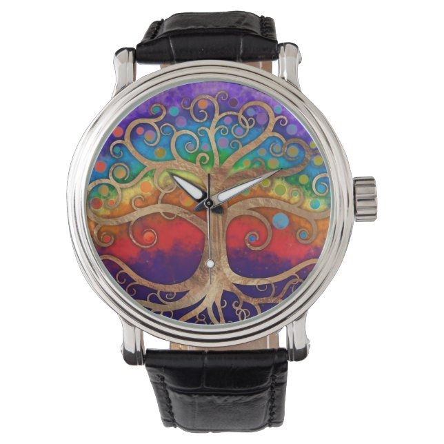 Tree of life Golden Swirl and Rainbow Watch (Front)