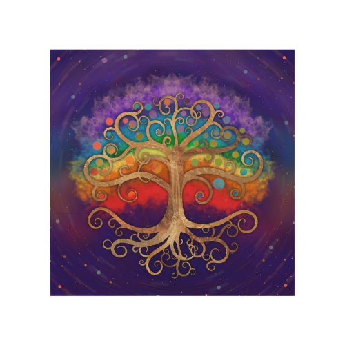 Tree of life Golden Swirl and Rainbow Wood Wall Art