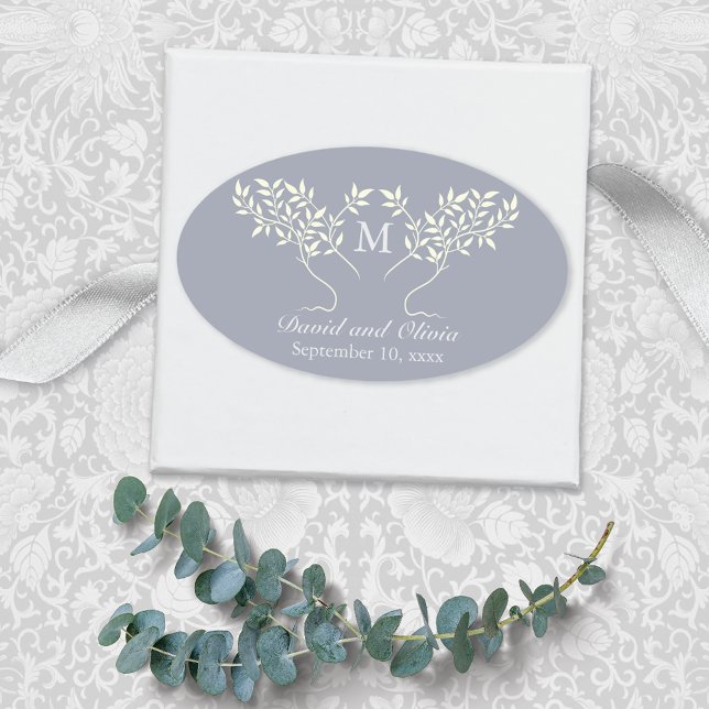 Tree of Life Gray Monogram Wedding Oval Sticker (Creator Uploaded)