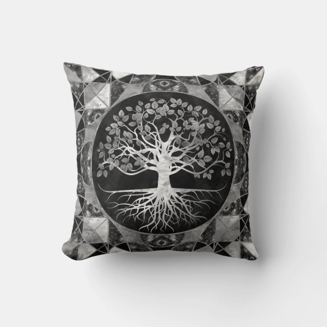 Tree of life - Gray scale Gemstone Throw Pillow (Front)