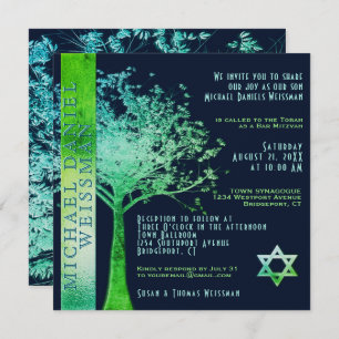 Tree of Life  Green Blue Bar Mitzvah Invitation