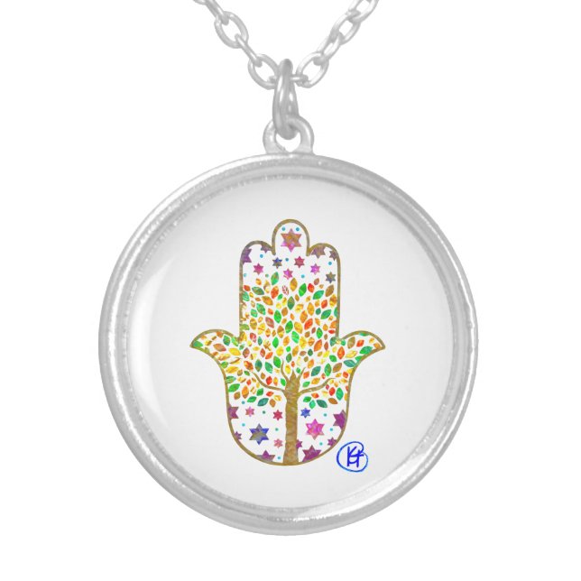 Tree of Life Hamsa Art Silver Plated Necklace (Front)