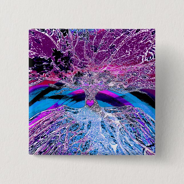 Tree of Life Hear in Purple and Blue w/ Rainbow Button (Front)