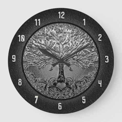 Tree of Life Heart in Black and White Large Clock