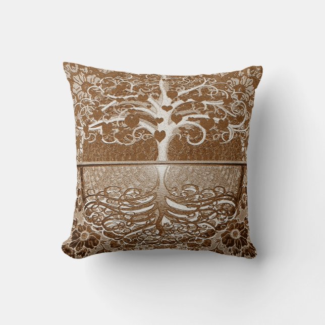 Tree of Life Hearts in Brown by Amelia Carrie Throw Pillow (Front)