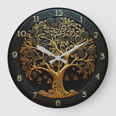 Tree Of Life In Black And Gold Large Clock