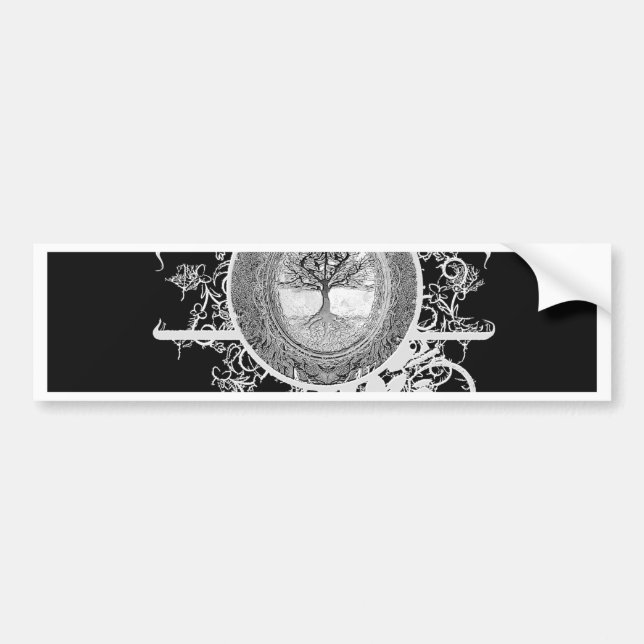 Tree of Life in Black and White with Flowers Bumper Sticker (Front)