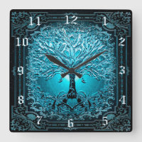 Tree of Life in Blue Square Wall Clock