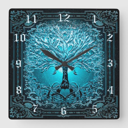 Tree of Life in Blue Square Wall Clock
