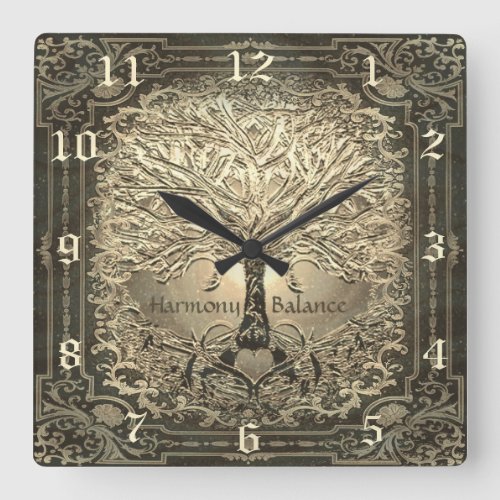 Tree of Life in Gold Square Wall Clock