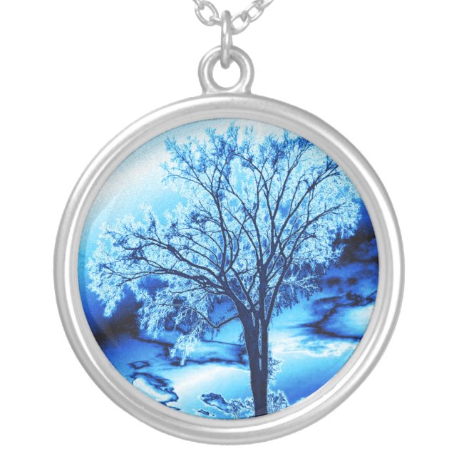 Tree of Life in Ice Blue Necklace. Silver Plated Necklace (Front)