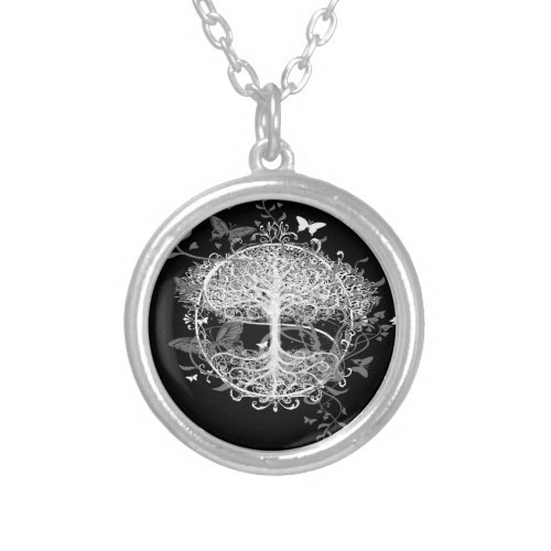 Tree of Life in White with Butterflies Silver Plated Necklace