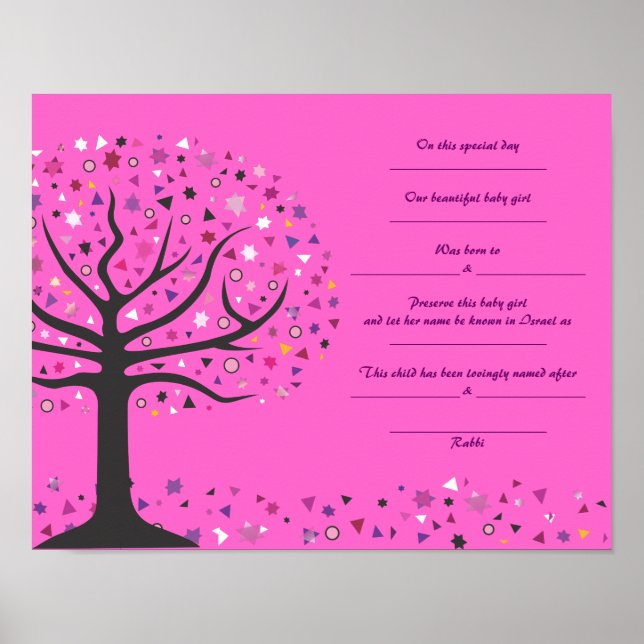 Tree of Life Jewish Baby Naming Birth Certificate Poster (Front)