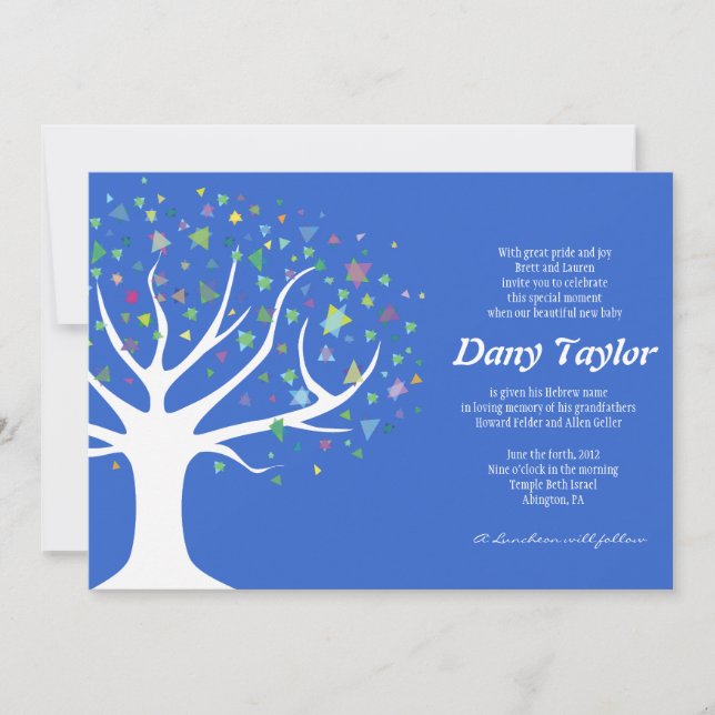Tree of Life Jewish Baby Naming Invitation boy (Front)