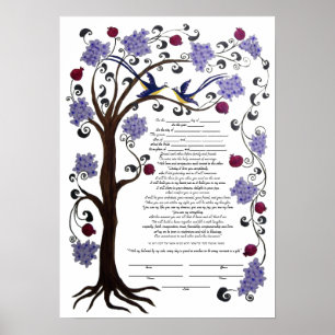 Tree of Life Ketubah & pomegranates, portrait (hw) Poster