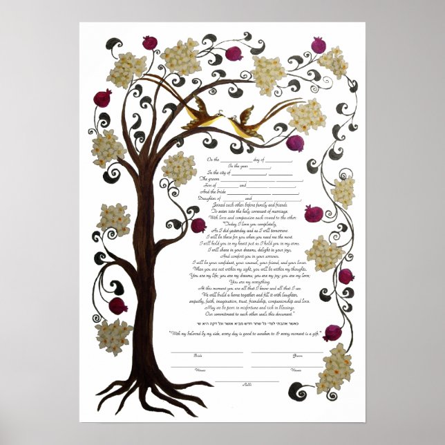 Tree of Life Ketubah & pomegranates, portrait (sw) Poster (Front)