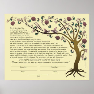 Tree of Life ketubah w/ Hebrew quote (rose/ straw) Poster