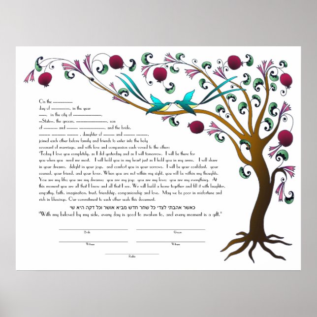 Tree of Life ketubah with a Hebrew  quote -LEFT Poster (Front)