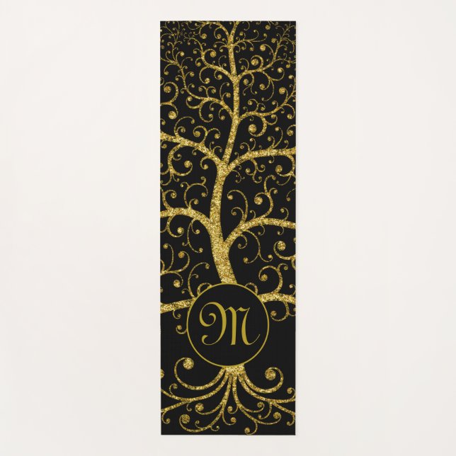 Tree of Life Luxury Monogram Gold Black Yoga Mat (Front)