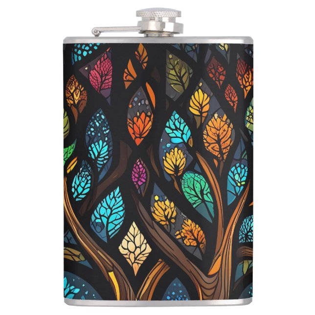 Tree of Life Mosaic Coloured leaves Stained Glass  Flask (Front)