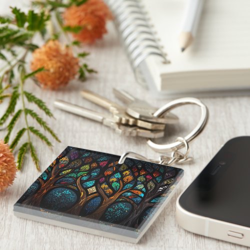 Tree of Life Mosaic Coloured leaves Stained Glass  Keychain