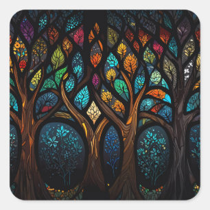 Tree of Life Mosaic Coloured leaves Stained Glass Square Sticker
