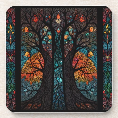 Tree of life mosaic stained glass effect beverage coaster