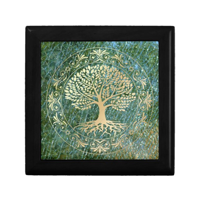 Tree of Life on Green Mosaic Glass Background  Gift Box (Front)