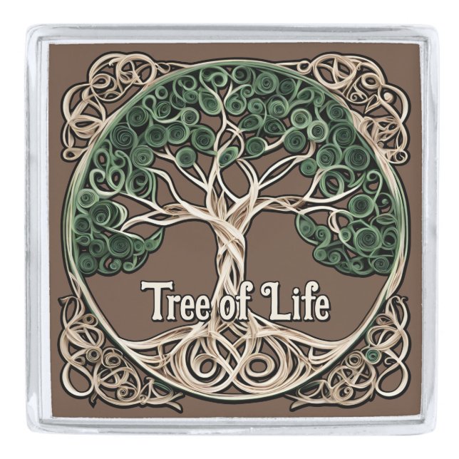 Tree of Life Paper Quilling Silver Finish Lapel Pin (Front)