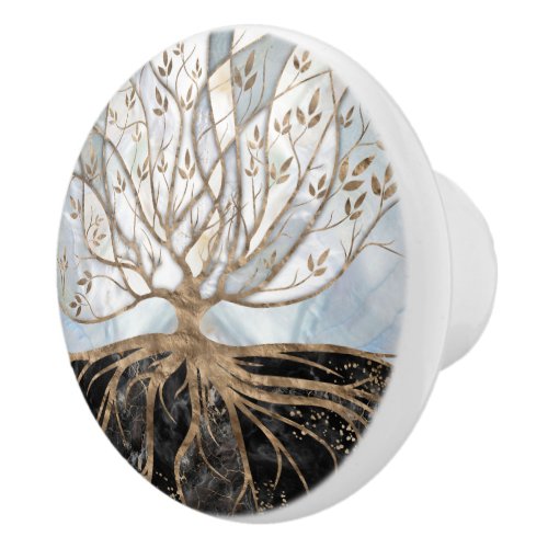 Tree of Life _ Pearl Gold and Black Marble Ceramic Knob