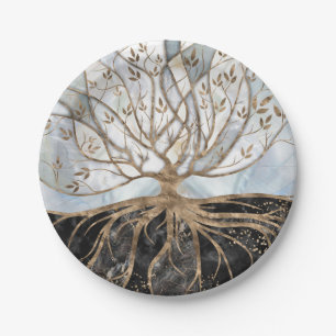 Tree of Life - Pearl, Gold and Black Marble Paper Plates
