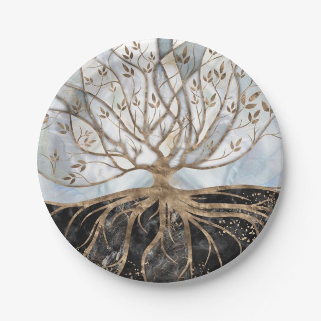 Tree of Life - Pearl, Gold and Black Marble Paper Plates (Front)