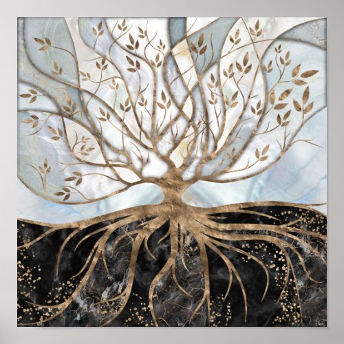 Tree of Life _ Pearl Gold and Black Marble Poster