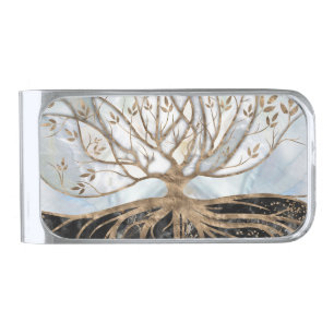 Tree of Life - Pearl, Gold and Black Marble Silver Finish Money Clip