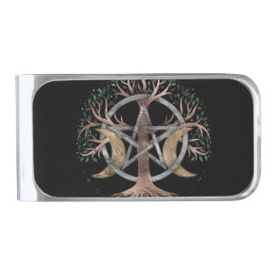Tree of Life Pentagram Moon Ornament Silver Finish Money Clip