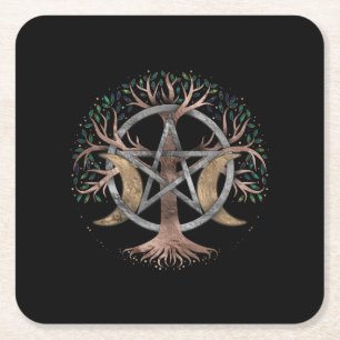 Tree of Life Pentagram Moon Ornament Square Paper Coaster