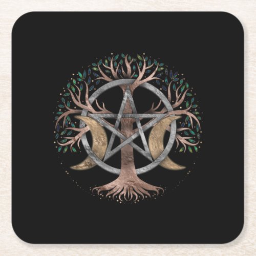 Tree of Life Pentagram Moon Ornament Square Paper Coaster