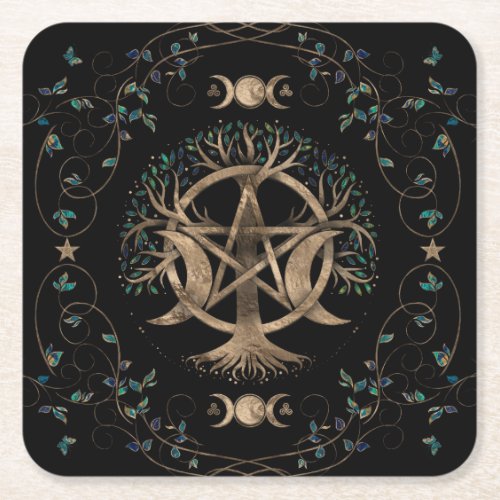 Tree of Life Pentagram Moon Ornament Square Paper Coaster