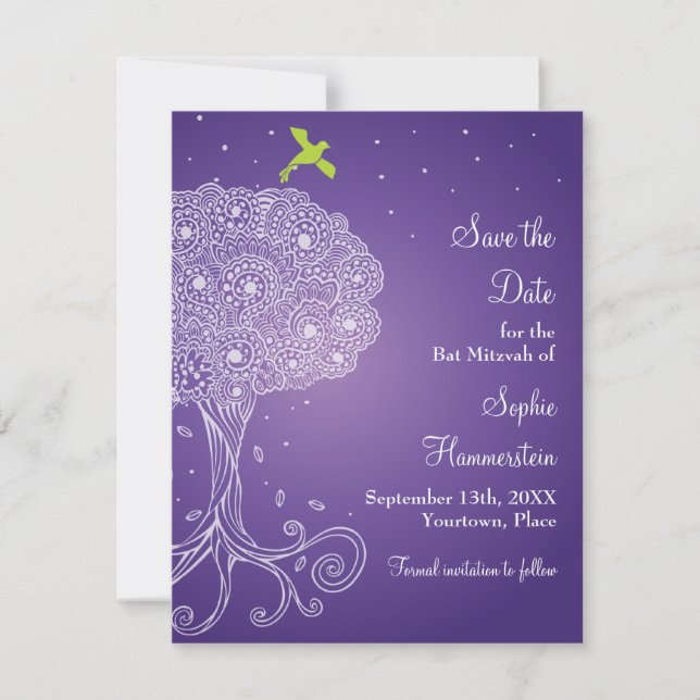 Tree of Life Purple Bat Mitzvah Save the Date (Front)