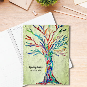 Tree Of Life Rainbow Colors Custom Name Green Planner by SewMosaic at Zazzle