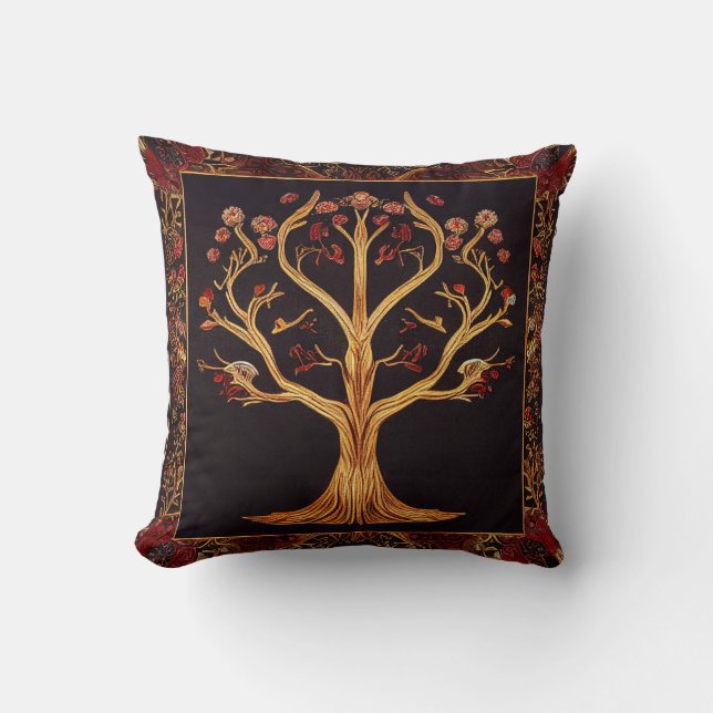 Tree of LIfe Red Gold Black Embroidery by kedoki Throw Pillow (Front)