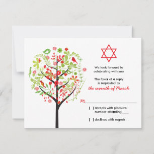 Tree of Life Red Green Bat Mitzvah RSVP Reply Card