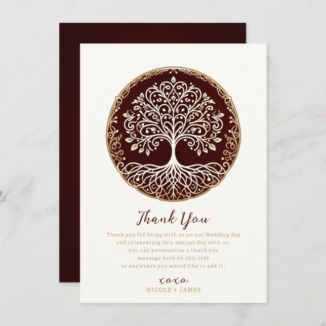 Tree of Life Rustic Dark Red Celtic Thank You Invitation (Front/Back)